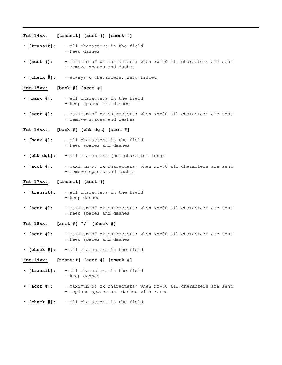 Fmt 16xx: [bank #] [chk dgt] [acct, Fmt 17xx: [transit] [acct, Fmt 18xx: [acct #] "/" [check | MagTek Excella STX99875340 User Manual | Page 118 / 137