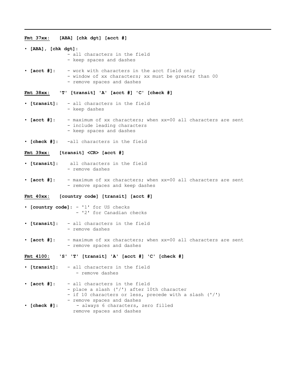 Fmt 37xx: [aba] [chk dgt] [acct, Fmt 38xx: 't' [transit] 'a' [acct #] 'c' [check, Fmt 40xx: [country code] [transit] [acct | MagTek Excella STX99875340 User Manual | Page 123 / 137