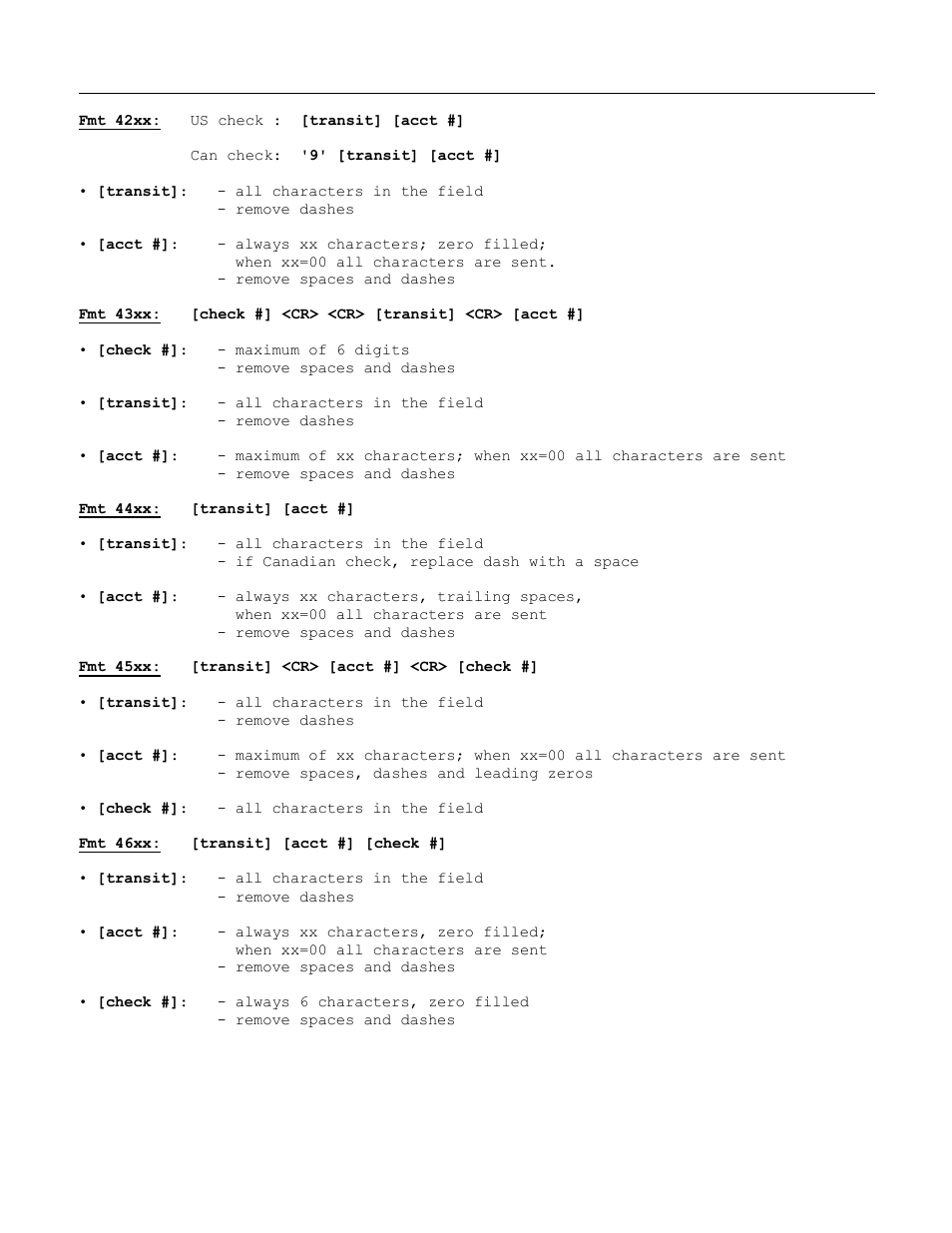 Fmt 43xx: [check #] <cr> <cr> [transit] <cr> [acct, Fmt 44xx: [transit] [acct, Fmt 45xx: [transit] <cr> [acct #] <cr> [check | MagTek Excella STX99875340 User Manual | Page 124 / 137