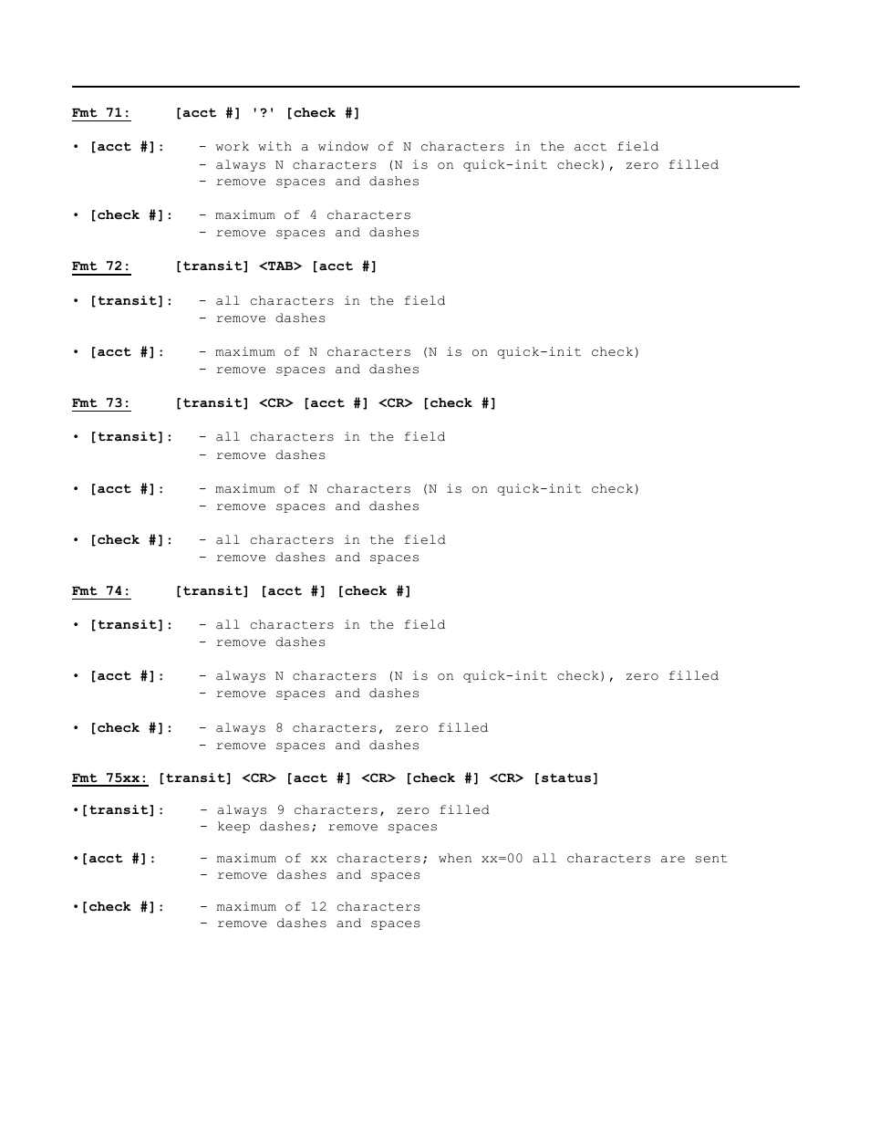 Fmt 71: [acct #] '?' [check, Fmt 72: [transit] <tab> [acct, Fmt 73: [transit] <cr> [acct #] <cr> [check | Fmt 74: [transit] [acct #] [check | MagTek Excella STX99875340 User Manual | Page 131 / 137