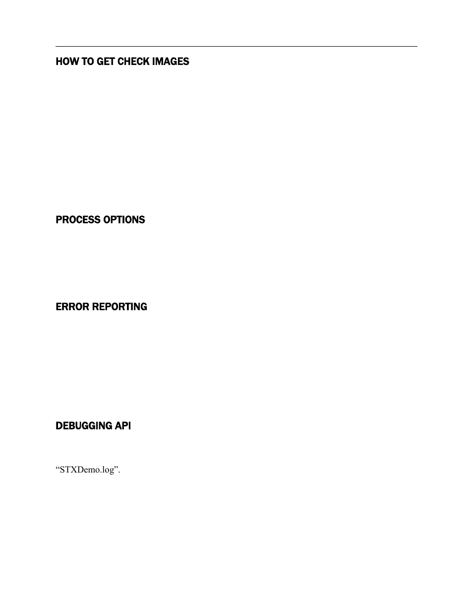 How to get check images, Process options, Error reporting | Debugging api | MagTek Excella STX99875340 User Manual | Page 24 / 137