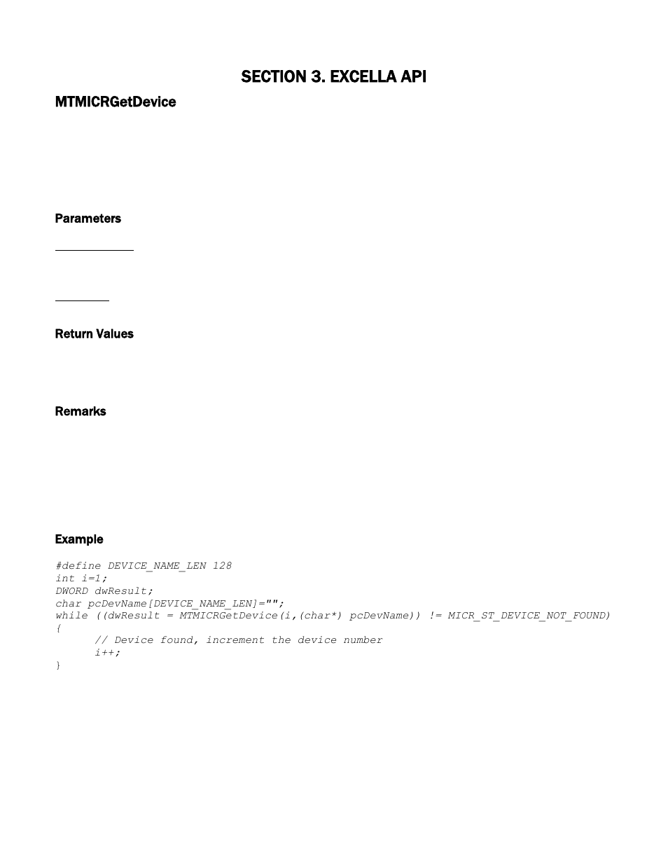Section 3. excella api, Mtmicrgetdevice, Parameters | Return values, Remarks, Example, Excella api | MagTek Excella STX99875340 User Manual | Page 25 / 137