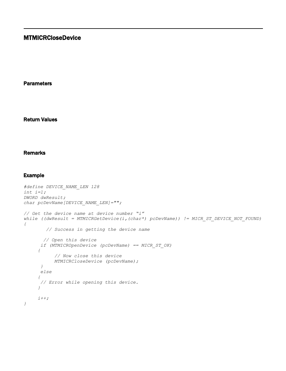 Mtmicrclosedevice, Parameters, Return values | Remarks, Example | MagTek Excella STX99875340 User Manual | Page 27 / 137