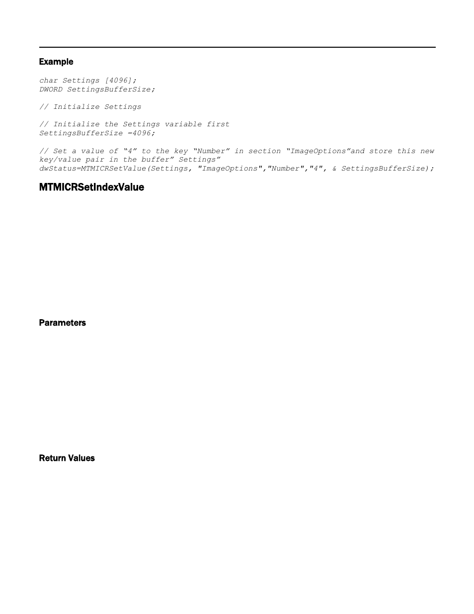 Example, Mtmicrsetindexvalue, Parameters | Return values | MagTek Excella STX99875340 User Manual | Page 31 / 137