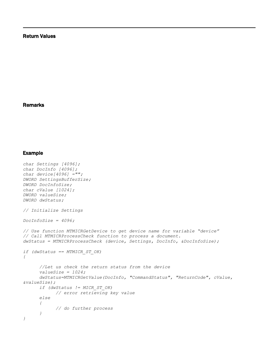 Return values, Remarks, Example | MagTek Excella STX99875340 User Manual | Page 33 / 137