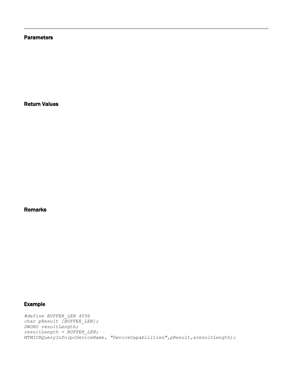 Parameters, Return values, Remarks | Example | MagTek Excella STX99875340 User Manual | Page 36 / 137