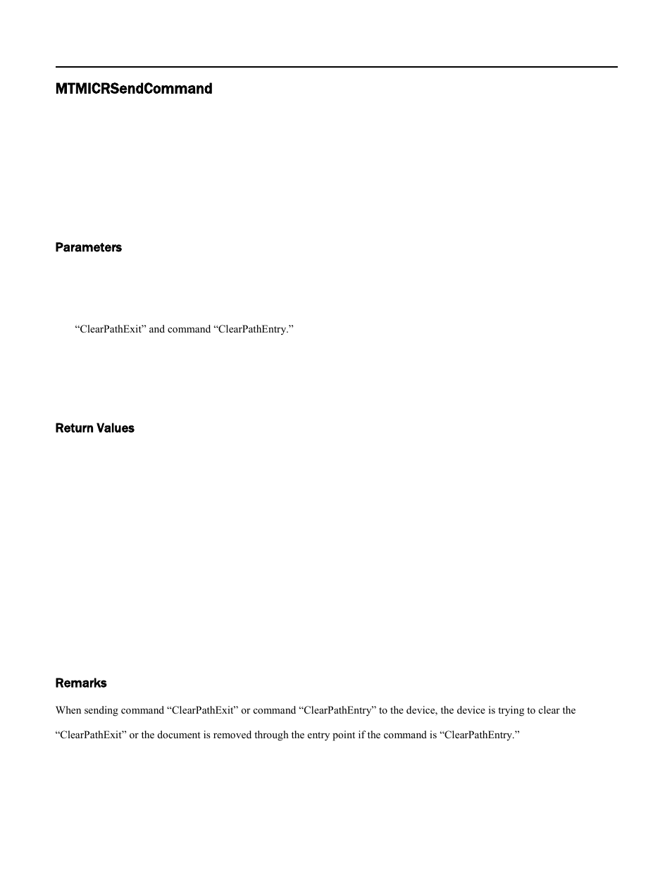 Mtmicrsendcommand, Parameters, Return values | Remarks | MagTek Excella STX99875340 User Manual | Page 37 / 137