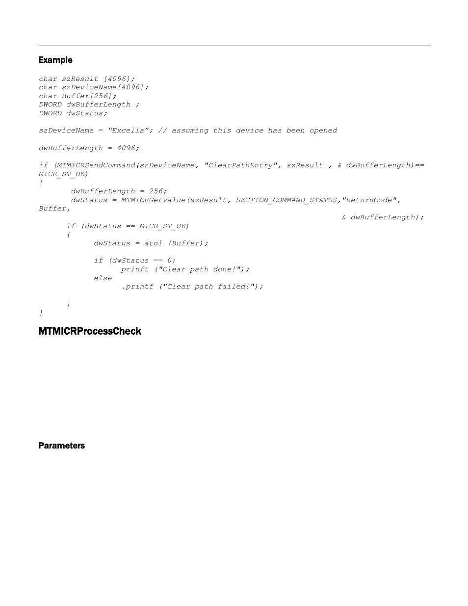 Example, Mtmicrprocesscheck, Parameters | MagTek Excella STX99875340 User Manual | Page 38 / 137