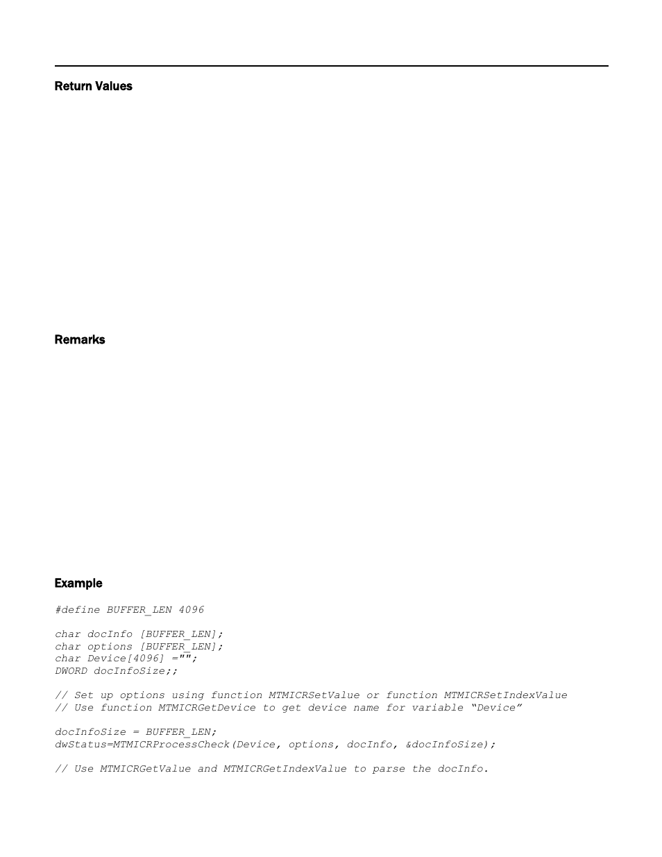 Return values, Remarks, Example | MagTek Excella STX99875340 User Manual | Page 39 / 137