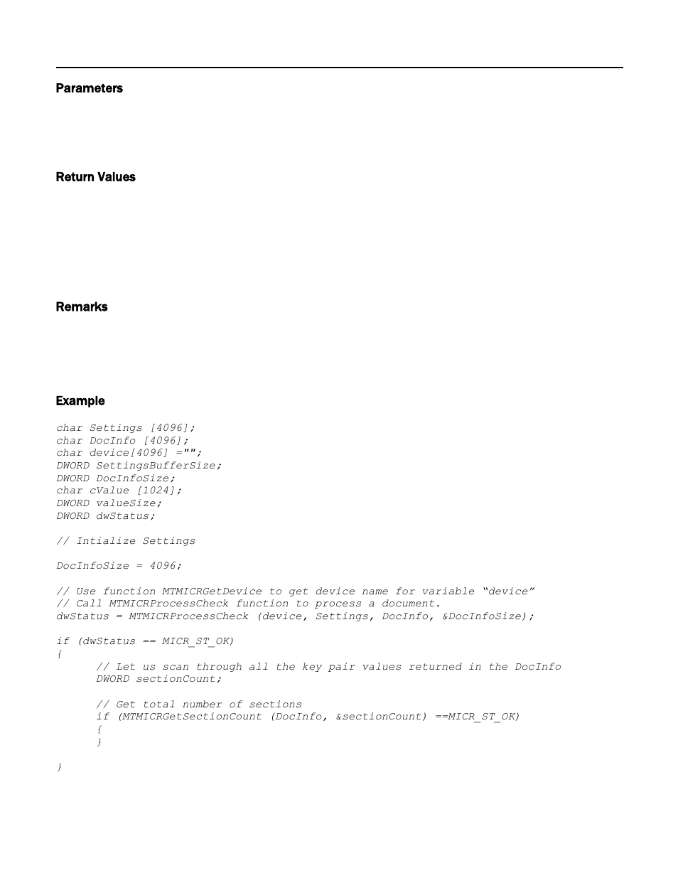 Parameters, Return values, Remarks | Example | MagTek Excella STX99875340 User Manual | Page 45 / 137