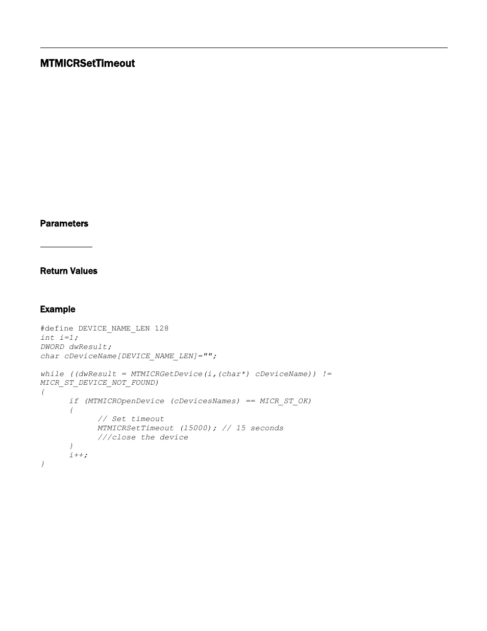 Mtmicrsettimeout, Parameters, Return values | Example | MagTek Excella STX99875340 User Manual | Page 52 / 137