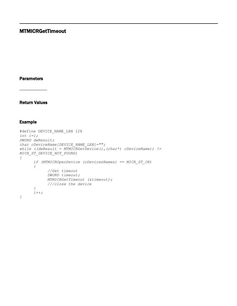 Mtmicrgettimeout, Parameters, Return values | Example | MagTek Excella STX99875340 User Manual | Page 53 / 137