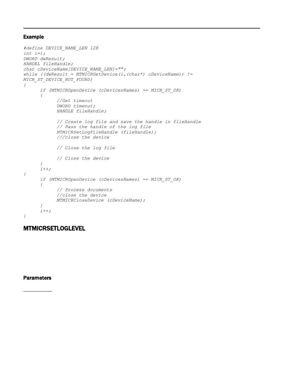 Example, Mtmicrsetloglevel, Parameters | MagTek Excella STX99875340 User Manual | Page 55 / 137