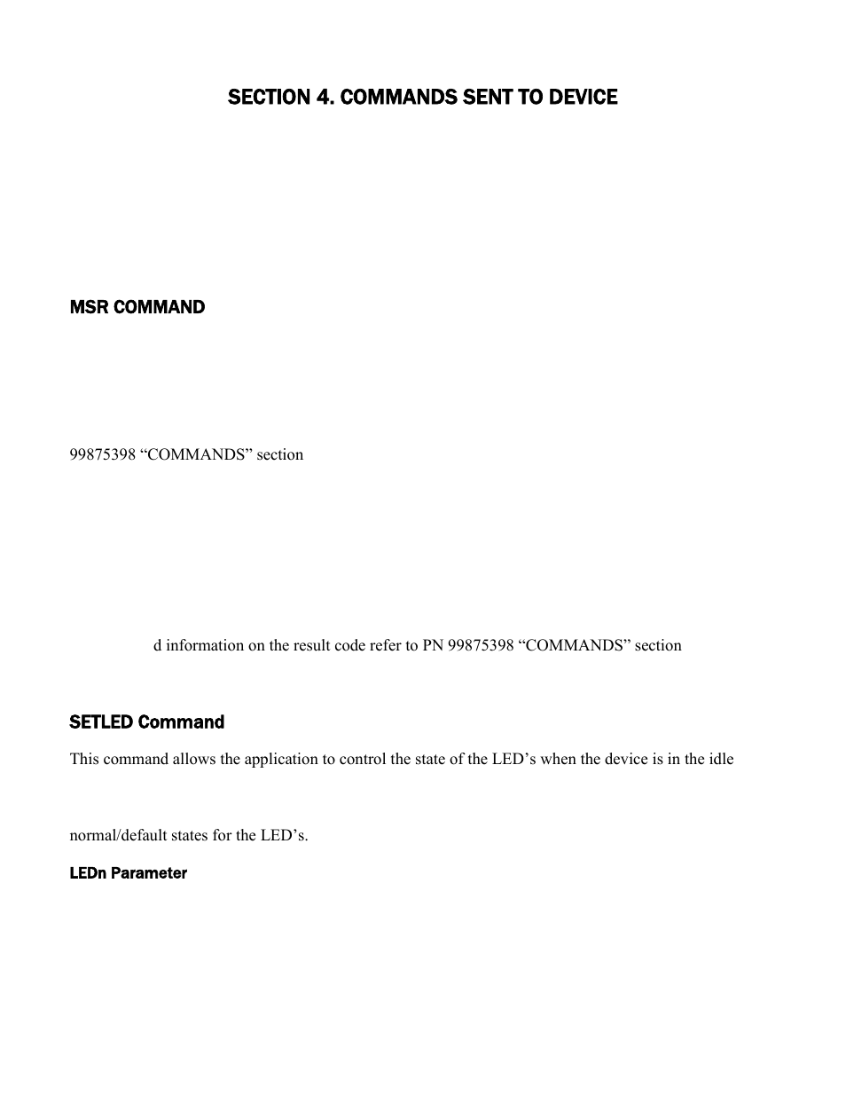 Section 4. commands sent to device, Msr command, Setled command | Ledn parameter, Commands sent to device | MagTek Excella STX99875340 User Manual | Page 59 / 137