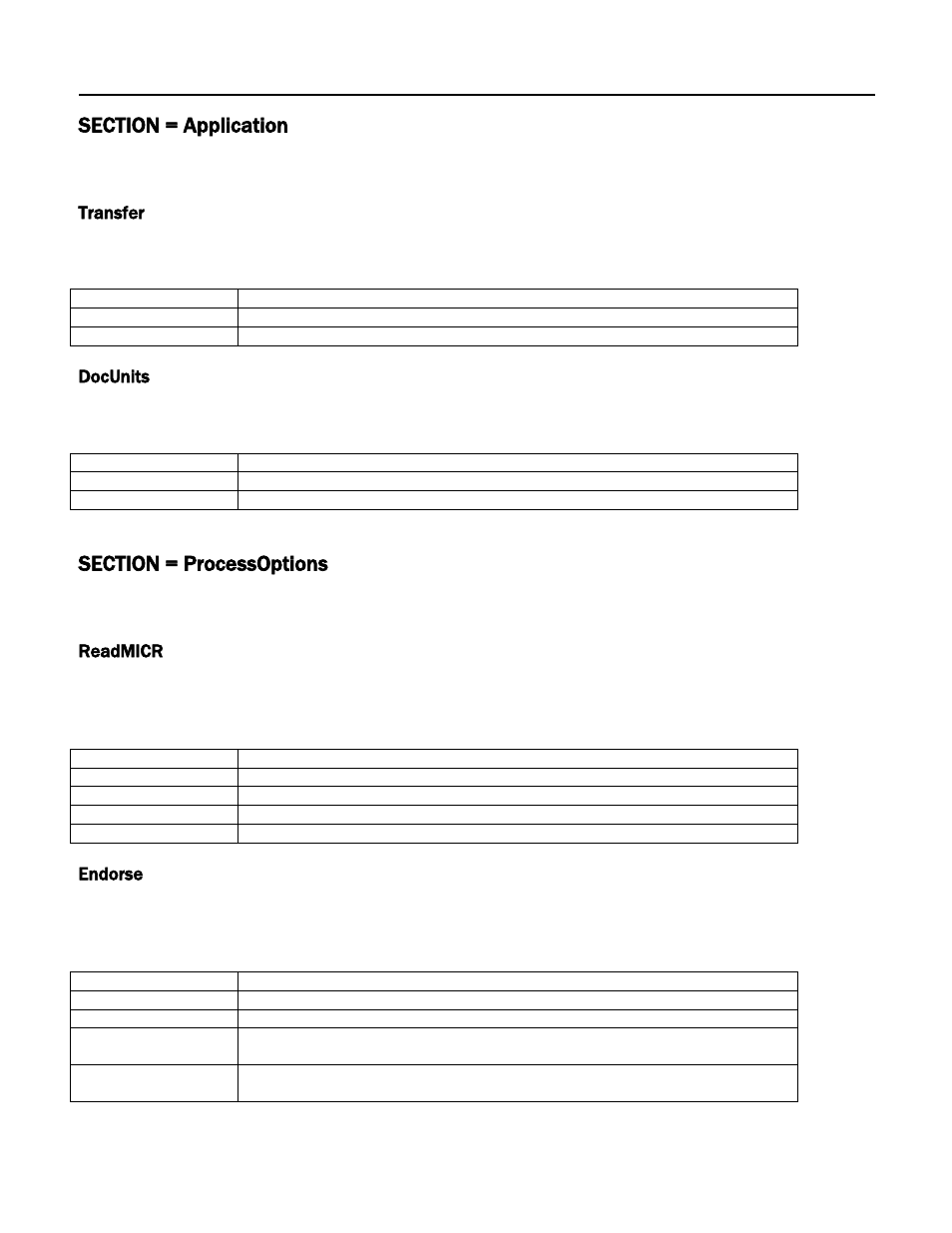 Section = application, Transfer, Docunits | Section = processoptions, Readmicr, Endorse | MagTek Excella STX99875340 User Manual | Page 63 / 137