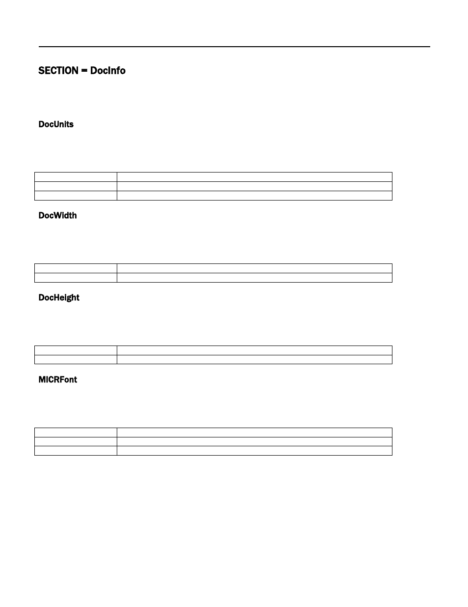 Section = docinfo, Docunits, Docwidth | Docheight, Micrfont | MagTek Excella STX99875340 User Manual | Page 85 / 137