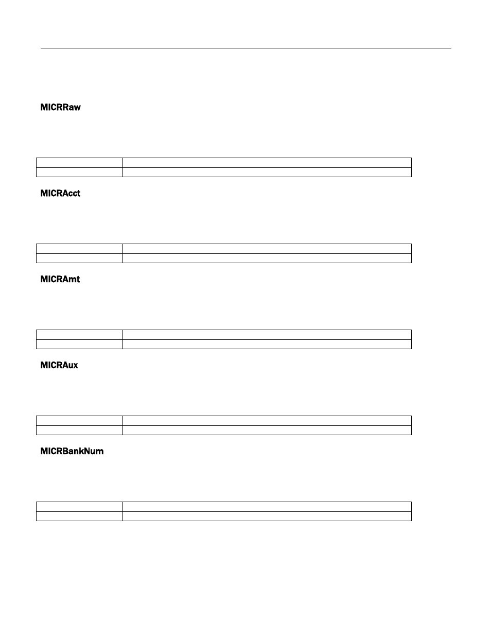 Micrraw, Micracct, Micramt | Micraux, Micrbanknum | MagTek Excella STX99875340 User Manual | Page 86 / 137