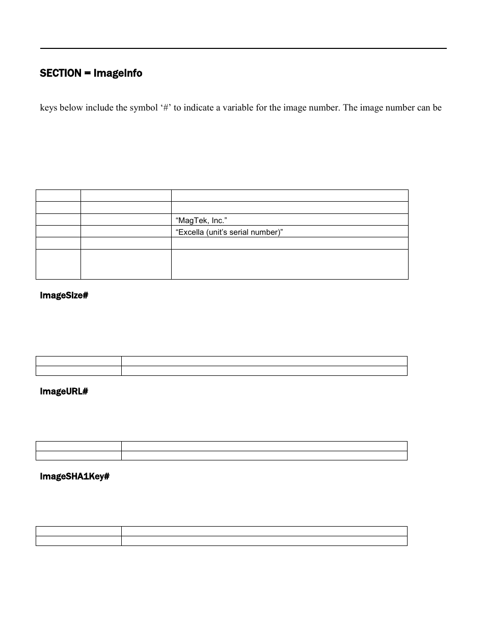 Section = imageinfo, Imagesize, Imageurl | Imagesha1key | MagTek Excella STX99875340 User Manual | Page 91 / 137