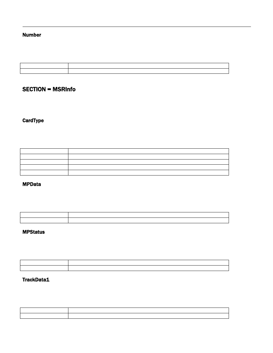 Number, Section = msrinfo, Cardtype | Mpdata, Mpstatus, Trackdata1 | MagTek Excella STX99875340 User Manual | Page 92 / 137