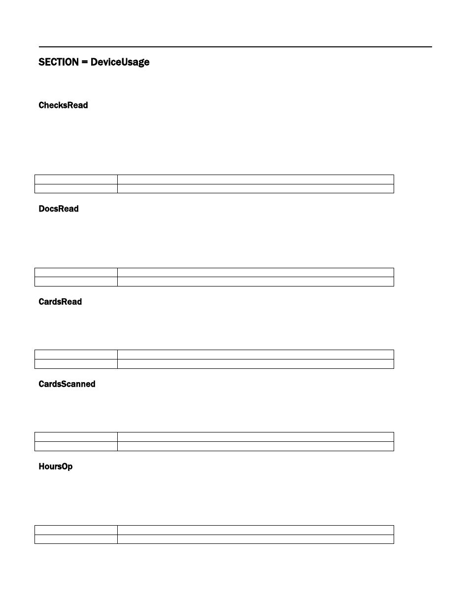 Section = deviceusage, Checksread, Docsread | Cardsread, Cardsscanned, Hoursop | MagTek Excella STX99875340 User Manual | Page 97 / 137