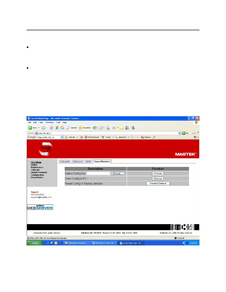 Save/restore configuration tab | MagTek Excella STX99875342 User Manual | Page 37 / 47