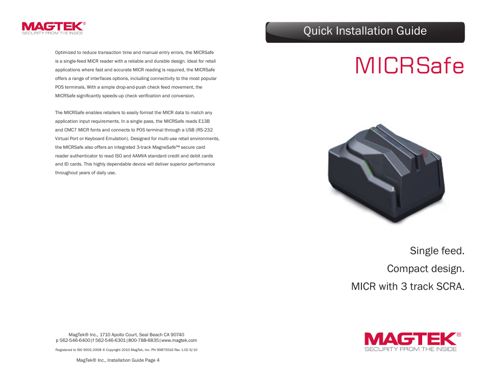 MagTek MICRSafe99875516 User Manual | 2 pages