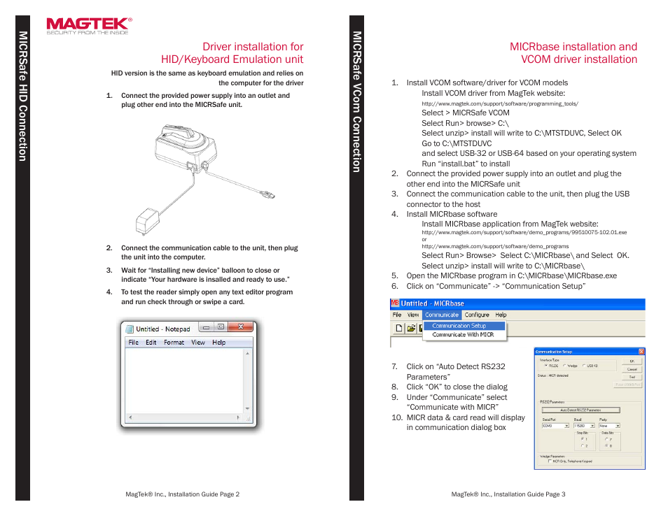 Micrsaf e v com connection, Micrbase installation and vcom driver installation | MagTek MICRSafe99875516 User Manual | Page 2 / 2