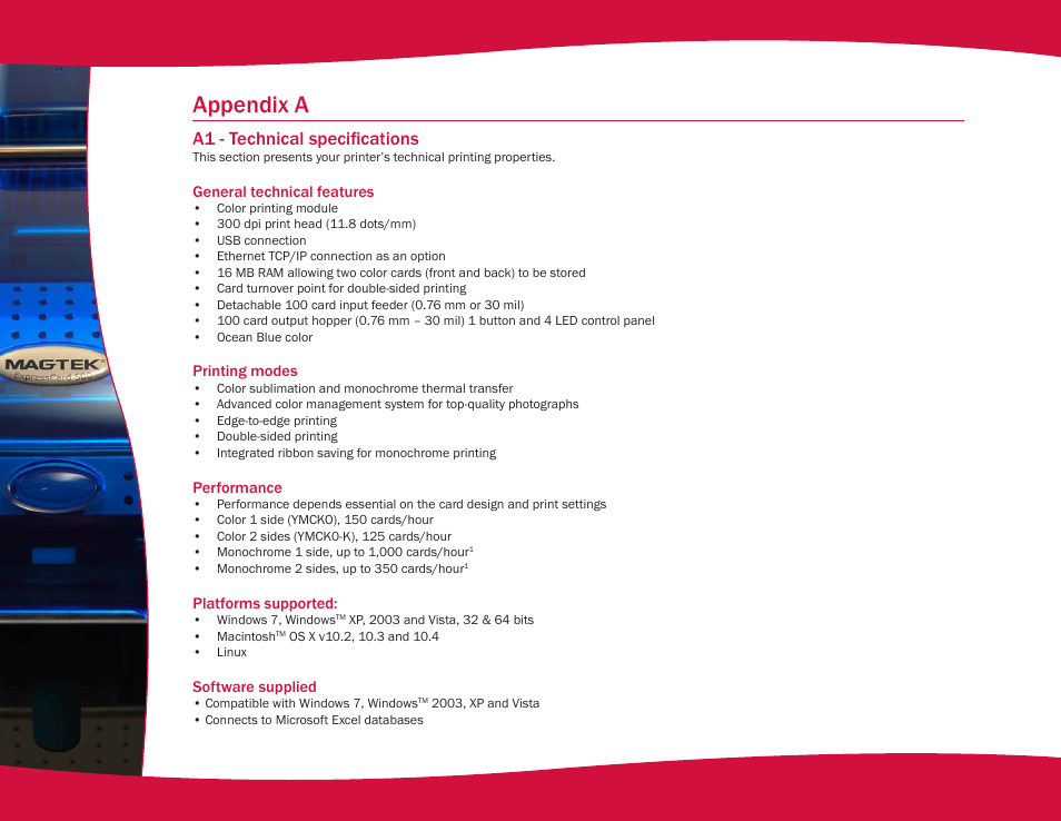 Appendix a, A1 - technical specifications | MagTek EC500 99875172 User Manual | Page 39 / 49