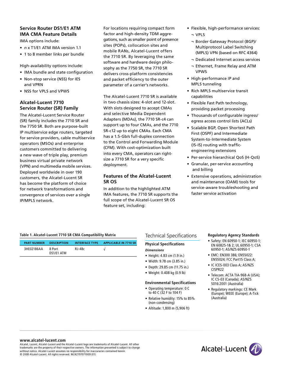 Technical specifications, Service router ds1/e1 atm ima cma feature details, Alcatel-lucent 7710 service router (sr) family | Features of the alcatel-lucent sr os | Alcatel-Lucent 7710 SR DS1 User Manual | Page 2 / 2