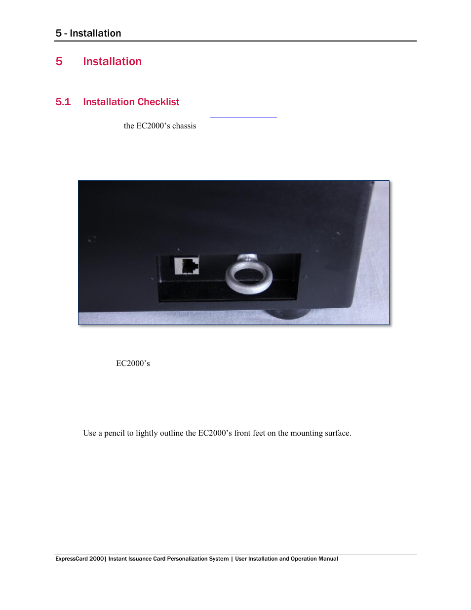 5 installation, 1 installation checklist, Installation | Installation checklist, N 5 installation, 5installation, 5 - installation | MagTek EC2000 99875600 User Manual | Page 23 / 83