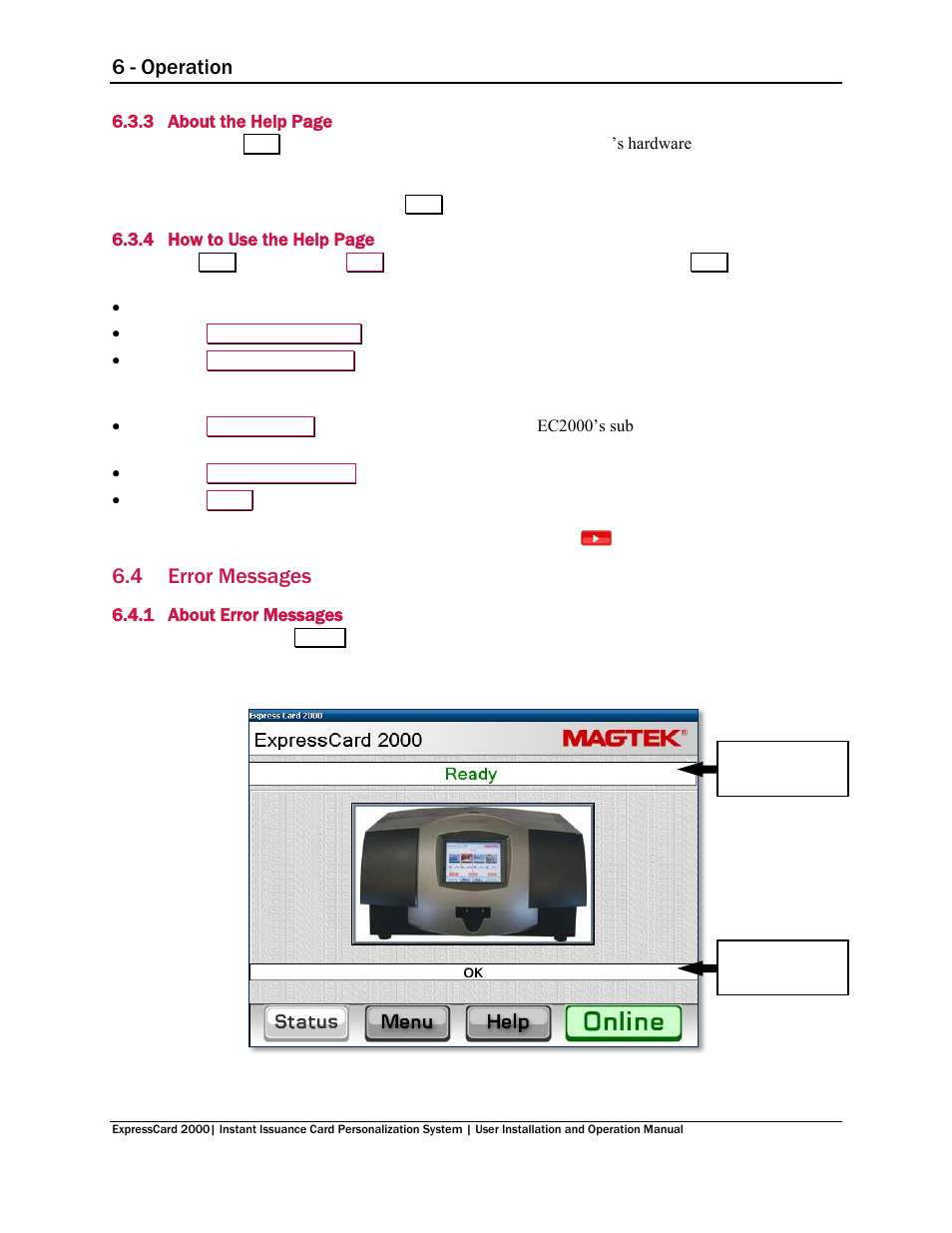 4 error messages, 1 about error messages, Error messages | About error messages, 6 - operation | MagTek EC2000 99875600 User Manual | Page 29 / 83