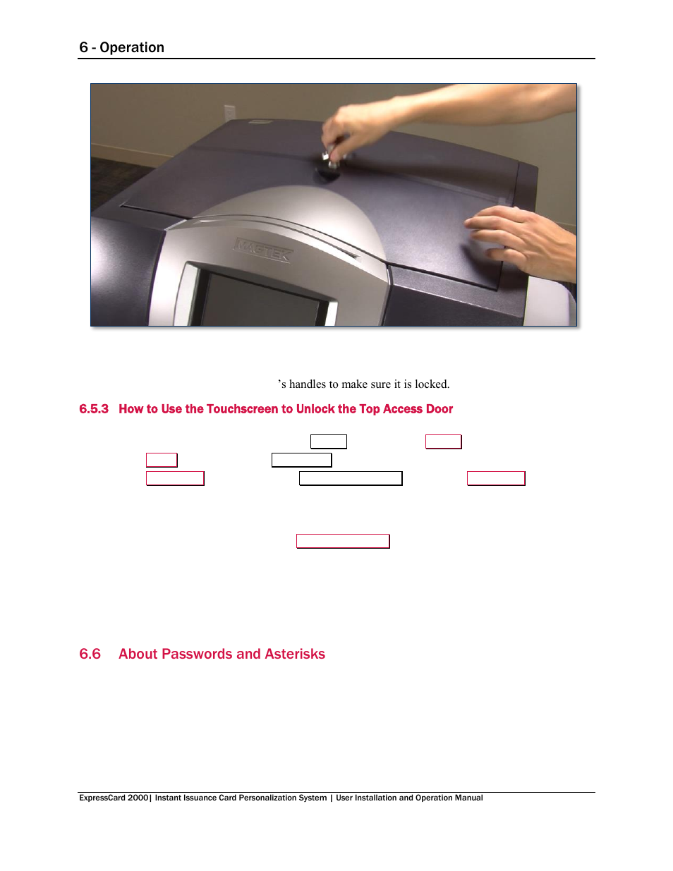 6 about passwords and asterisks, About passwords and asterisks, On 6.6 about passwords and asterisks , and | N 6.6 about passwords and asterisks, 6 - operation | MagTek EC2000 99875600 User Manual | Page 34 / 83