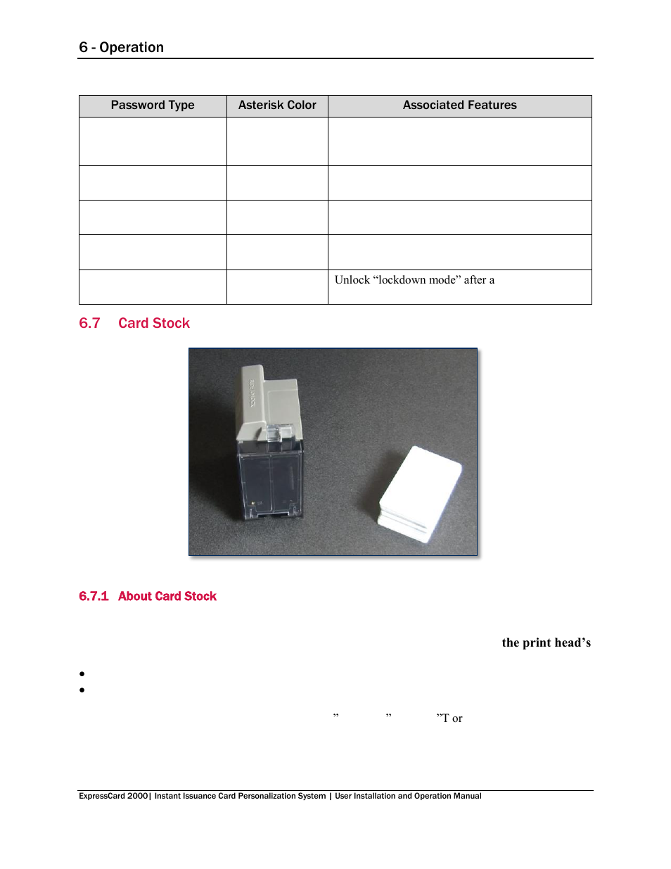 7 card stock, 1 about card stock, Card stock | About card stock, On 6.7 card stock, N table 6.1, 6 - operation | MagTek EC2000 99875600 User Manual | Page 35 / 83