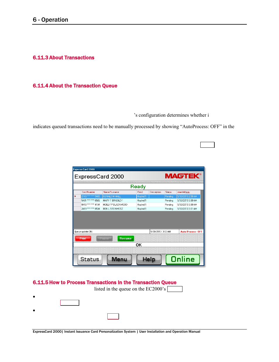 3 about transactions, 4 about the transaction queue, About transactions | About the transaction queue, On 6.11.4 about the transaction queue, N 6.11.4 about the transaction queue, 6 - operation | MagTek EC2000 99875600 User Manual | Page 49 / 83