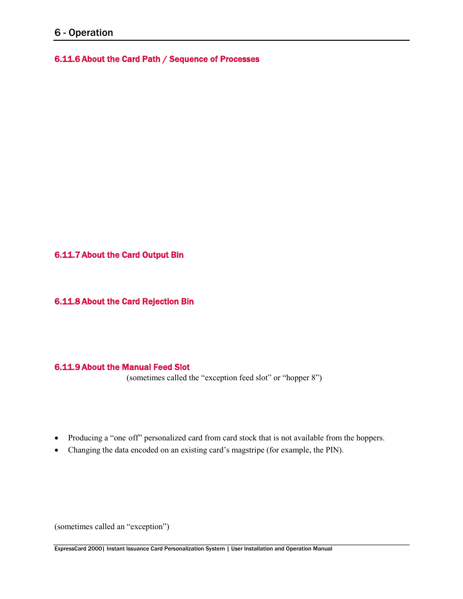 6 about the card path / sequence of processes, 7 about the card output bin, 8 about the card rejection bin | 9 about the manual feed slot, About the card path / sequence of processes, About the card output bin, About the card rejection bin, About the manual feed slot, On 6.11.9 about the manual feed slot, 6 - operation | MagTek EC2000 99875600 User Manual | Page 50 / 83