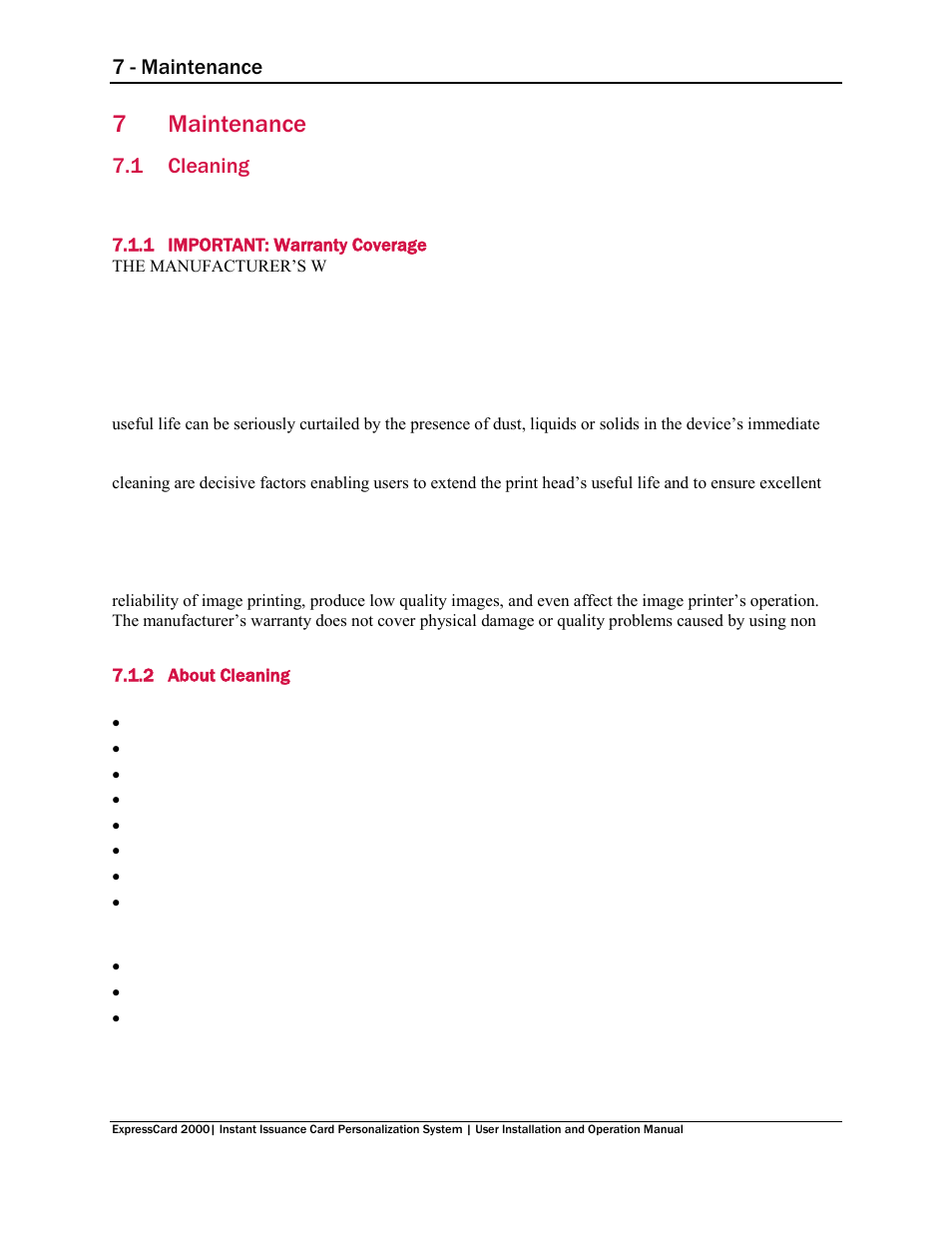 7 maintenance, 1 cleaning, 1 important: warranty coverage | 2 about cleaning, Maintenance, Cleaning, Important: warranty coverage, About cleaning, 7maintenance, 7 - maintenance | MagTek EC2000 99875600 User Manual | Page 52 / 83