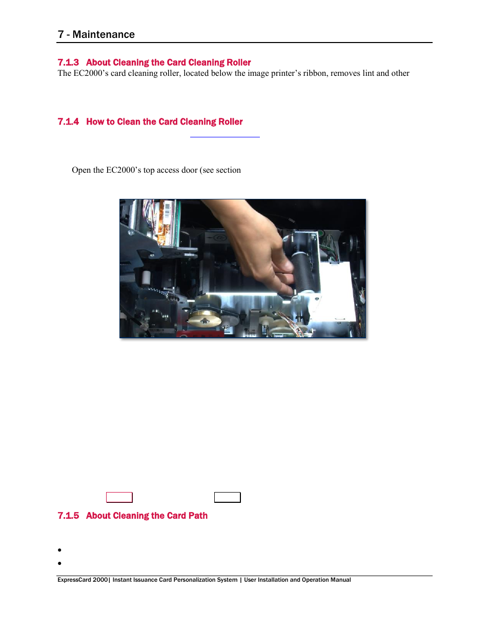 3 about cleaning the card cleaning roller, 4 how to clean the card cleaning roller, 5 about cleaning the card path | About cleaning the card cleaning roller, How to clean the card cleaning roller, About cleaning the card path, 7 - maintenance | MagTek EC2000 99875600 User Manual | Page 53 / 83