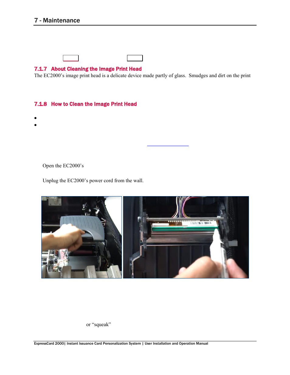 7 about cleaning the image print head, 8 how to clean the image print head, About cleaning the image print head | How to clean the image print head, 7 - maintenance | MagTek EC2000 99875600 User Manual | Page 55 / 83