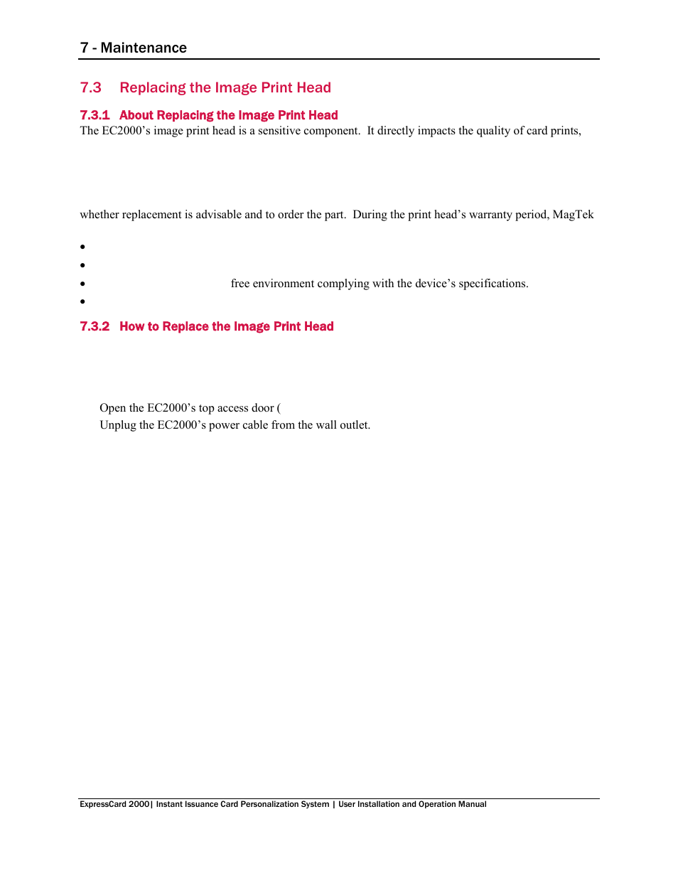 3 replacing the image print head, 1 about replacing the image print head, 2 how to replace the image print head | Replacing the image print head, About replacing the image print head, How to replace the image print head, On 7.3.1 about replacing the image, Print head, 7 - maintenance | MagTek EC2000 99875600 User Manual | Page 57 / 83