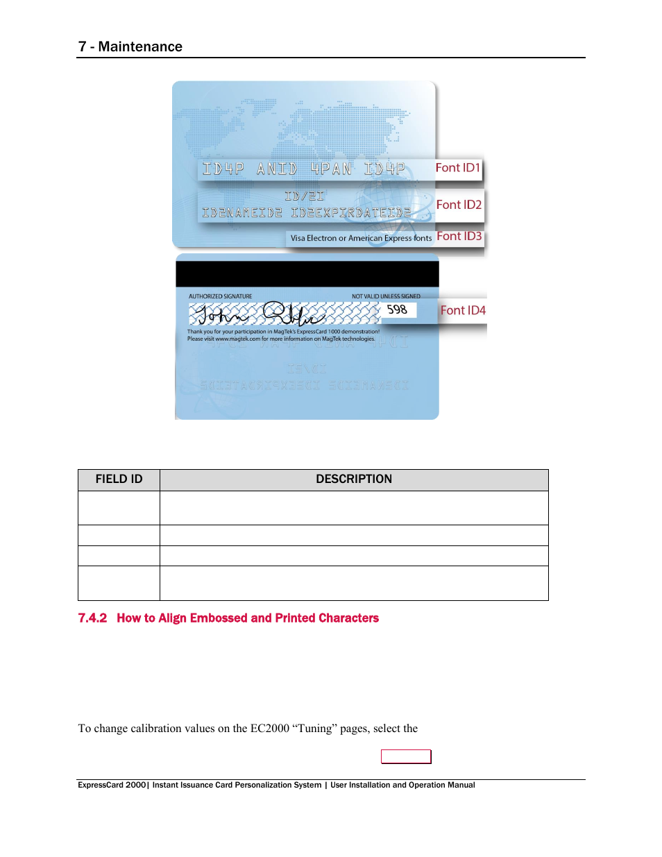 2 how to align embossed and printed characters, How to align embossed and printed characters, 7 - maintenance | MagTek EC2000 99875600 User Manual | Page 60 / 83