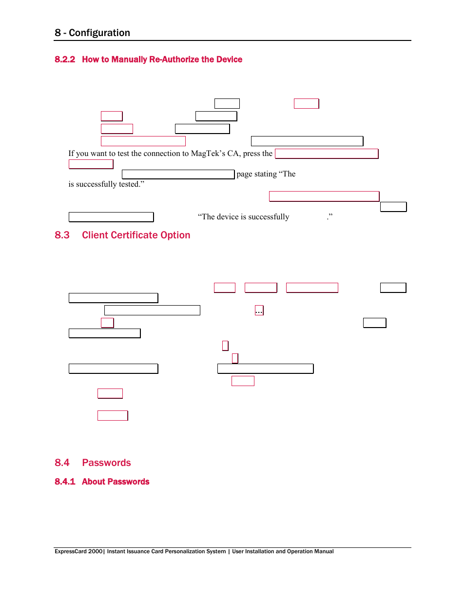 2 how to manually re-authorize the device, 3 client certificate option, 4 passwords | 1 about passwords, How to manually re-authorize the device, Client certificate option, Passwords, About passwords, 8 - configuration | MagTek EC2000 99875600 User Manual | Page 65 / 83