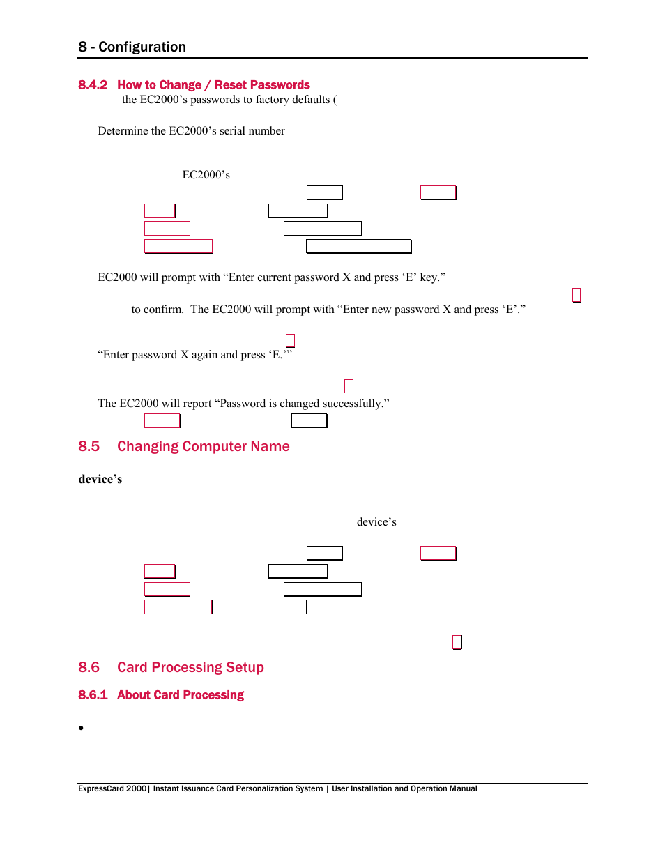 2 how to change / reset passwords, 5 changing computer name, 6 card processing setup | 1 about card processing, How to change / reset passwords, Changing computer name, Card processing setup, About card processing, 8 - configuration | MagTek EC2000 99875600 User Manual | Page 66 / 83