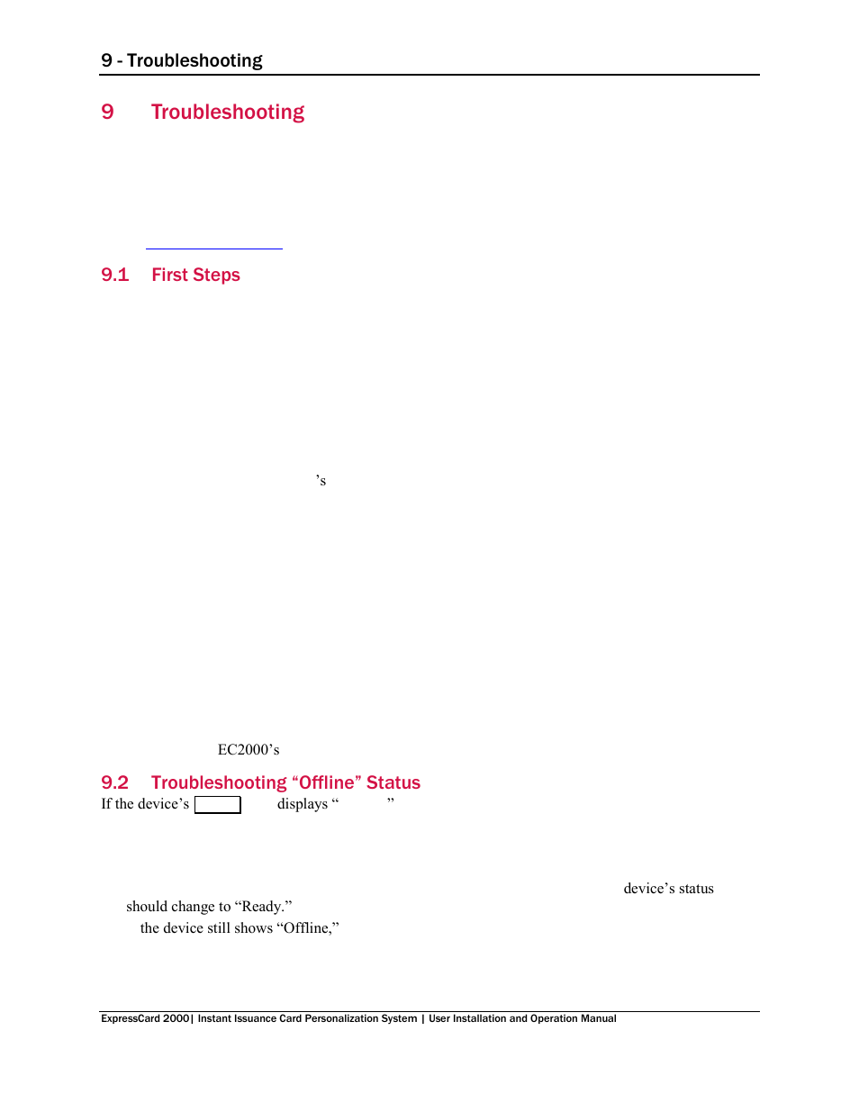 9 troubleshooting, 1 first steps, 2 troubleshooting “offline” status | Troubleshooting, First steps, Troubleshooting “offline” status, On 9, 9troubleshooting, 9 - troubleshooting | MagTek EC2000 99875600 User Manual | Page 69 / 83