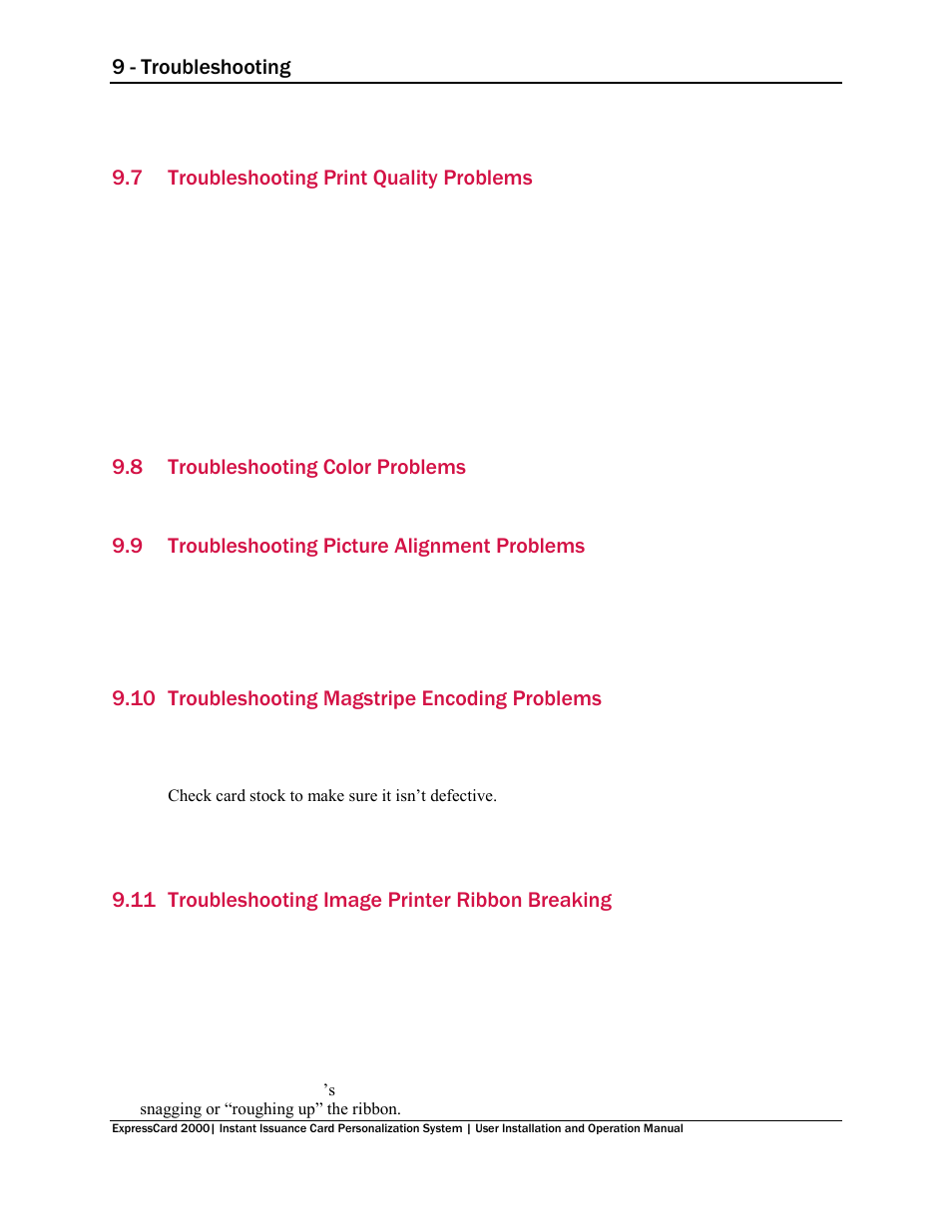 7 troubleshooting print quality problems, 8 troubleshooting color problems, 9 troubleshooting picture alignment problems | 10 troubleshooting magstripe encoding problems, 11 troubleshooting image printer ribbon breaking, Troubleshooting print quality problems, Troubleshooting color problems, Troubleshooting picture alignment problems, Troubleshooting magstripe encoding problems, Troubleshooting image printer ribbon breaking | MagTek EC2000 99875600 User Manual | Page 71 / 83