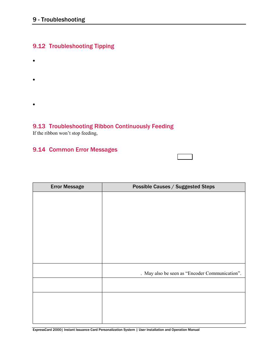 12 troubleshooting tipping, 13 troubleshooting ribbon continuously feeding, 14 common error messages | Troubleshooting tipping, Troubleshooting ribbon continuously feeding, Common error messages, 9 - troubleshooting | MagTek EC2000 99875600 User Manual | Page 72 / 83