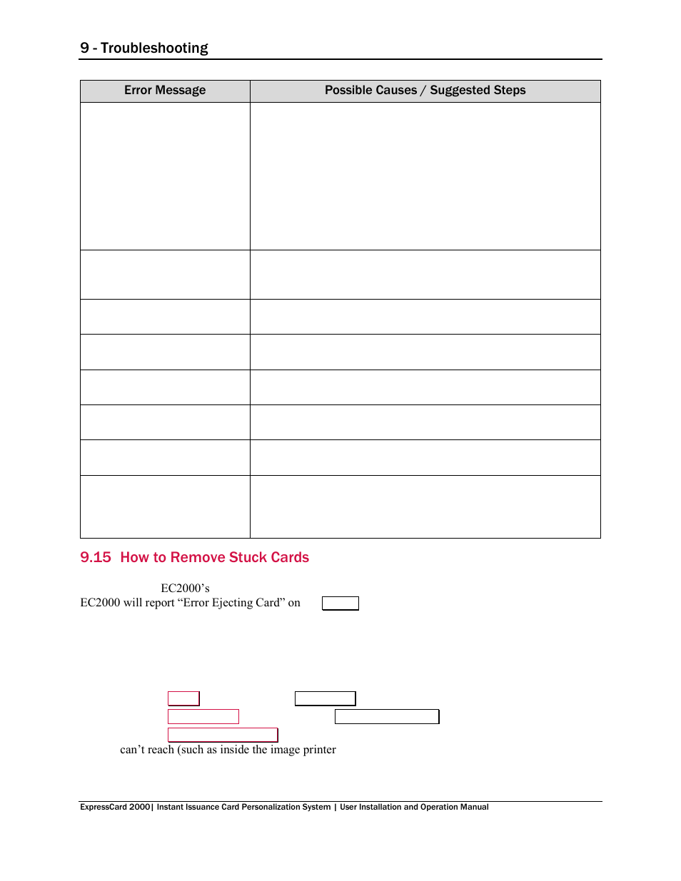 15 how to remove stuck cards, How to remove stuck cards, 9 - troubleshooting | MagTek EC2000 99875600 User Manual | Page 76 / 83