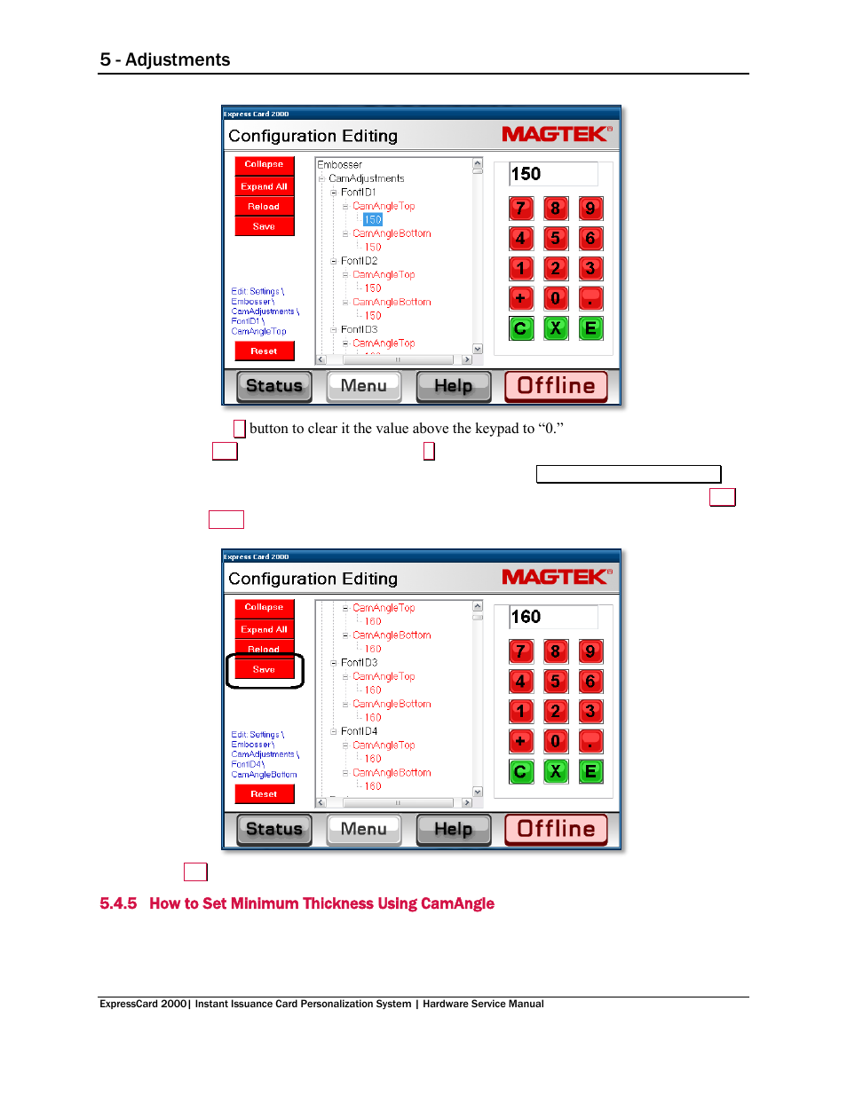 5 how to set minimum thickness using camangle, 5 - adjustments | MagTek EC2000 99875607 User Manual | Page 153 / 180
