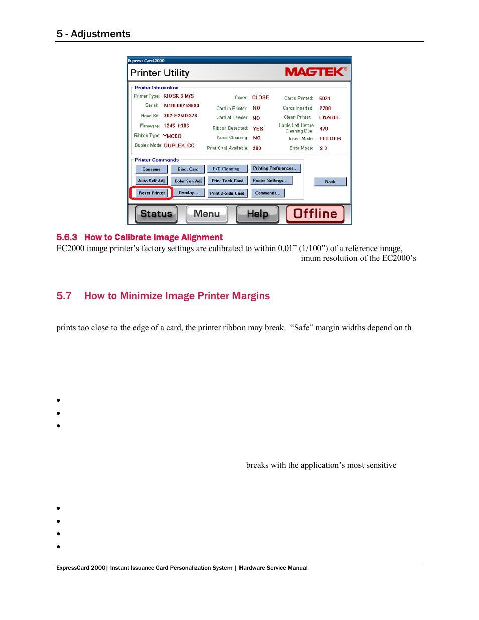3 how to calibrate image alignment, 7 how to minimize image printer margins, How to minimize image printer margins | 5 - adjustments | MagTek EC2000 99875607 User Manual | Page 172 / 180