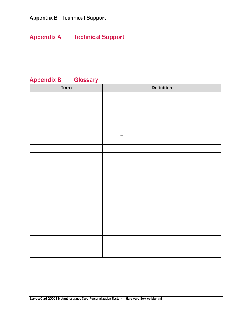 Appendix a technical support, Appendix b glossary, Appendix a | Technical support, Appendix b, Glossary, E appendix a technical support ) | MagTek EC2000 99875607 User Manual | Page 179 / 180