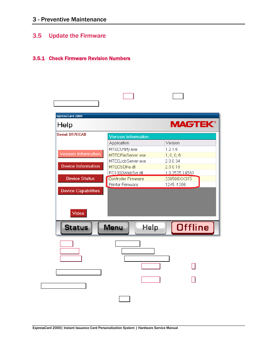 5 update the firmware, 1 check firmware revision numbers, Update the firmware | 3 - preventive maintenance | MagTek EC2000 99875607 User Manual | Page 29 / 180